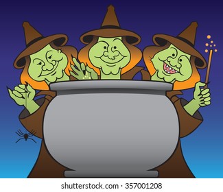 Three Witches are brewing an evil potion in their cauldron