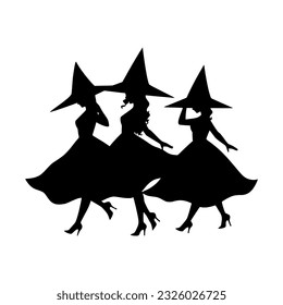 Three witches dancing at a Halloween party. Women in witch costume. Black silhouette. Hand drawn cartoon style. Vector flat illustration isolated on white background.