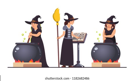 Three witches set. Stirring poison brew potion in boiling cauldron on fire and reading magic spells from grimoire book. Witch alchemy. Halloween holiday witchcraft flat vector illustration