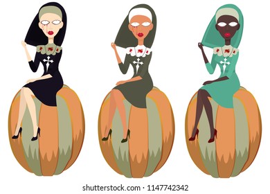Three witches are sitting on the pumpkins. Halloween stickers. Vector illustration.