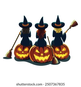 Three witches are sitting on scary pumpkins with brooms on white background. Happy Halloween concept. Vector illustration