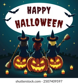 Tres brujas están sentadas en calabazas aterradoras con escobas. Concepto de Halloween feliz. Plantilla para fiesta, cartel, folleto o tarjeta de felicitación con lugar para texto. Ilustración vectorial