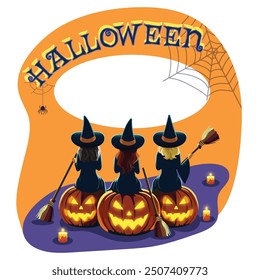 Three witches are sitting on scary pumpkins with brooms. Happy Halloween concept. Template for party, poster, brochure or greeting card with Place for text. Vector illustration