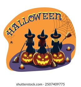 Three witches are sitting on scary pumpkins with brooms. Happy Halloween concept. Template for party, poster, brochure or greeting card with Place for text. Vector illustration