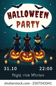 Three witches are sitting on scary pumpkins with brooms. Happy Halloween concept. Template for party, poster, brochure or greeting card with Place for text. Vector illustration