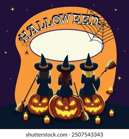 Three witches are sitting on scary pumpkins with brooms. Happy Halloween concept. Template for party, poster, brochure or greeting card with Place for text. Vector illustration