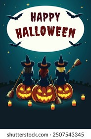 Three witches are sitting on scary pumpkins with brooms. Happy Halloween concept. Template for party, poster, brochure or greeting card with Place for text. Vector illustration