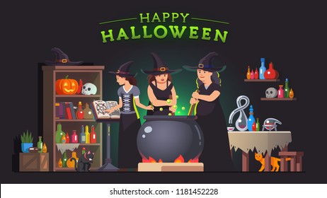 Three witches stirring poison brew potion in boiling cauldron on fire and reading magic spells from grimoire book. Witch alchemy lab room interior. Halloween holiday witchcraft flat vector illustratio