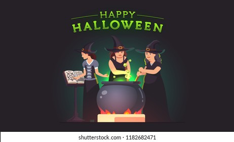 Three witches stirring poison brew potion in boiling cauldron on fire and reading magic spells from grimoire book. Witch alchemy. Halloween holiday witchcraft flat vector illustration