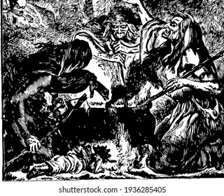 Three Witches, vintage engraved illustration