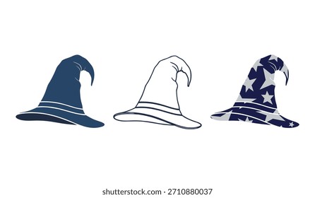 Three wizard hats are presented on a white background one solid blue one outline and one with a star pattern.