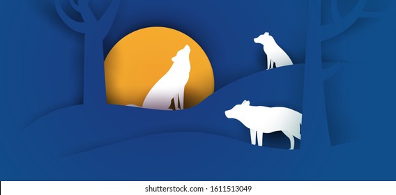 Three wolf on blue hills in paper cut trendy craft cartoon style. Minimalistic creative modern design for advertising, branding background greeting card, cover, poster, banner. Vector illustration.