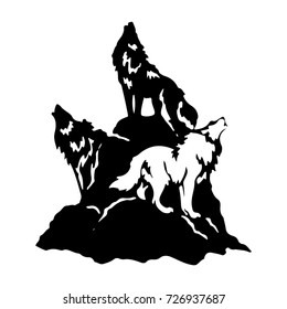 Three wolves on a hill howling, Silhouette on a white background.Vector