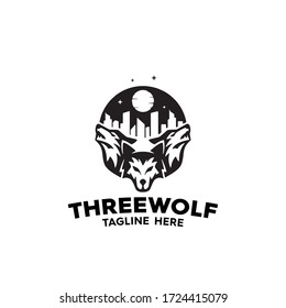 three wolves that control a city at night for premium logo vector