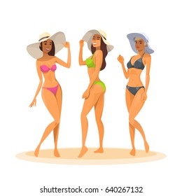 Three Woman In Bikini, Full Length Long Leg Sexy Girls Wear Hat Happy Smiling Flat Vector Illustration