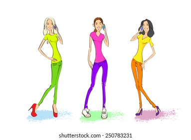 three woman cell phone call, young girl color casual clothes isolated over white background vector illustration