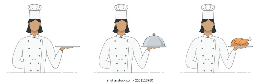 Three woman cooks. Chef with empty serving tray, platter with cloche and plate with baked bird. Vector flat illustration