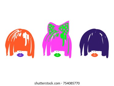 Three woman face with different colors lips and abstract colorful hairs. Vector illustration