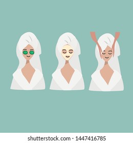 Three woman faces in spa procedures: face massage, facial mask. Beauty salon, wellness center poster, banner. Hand drawn concept of beauty. Vector illustration