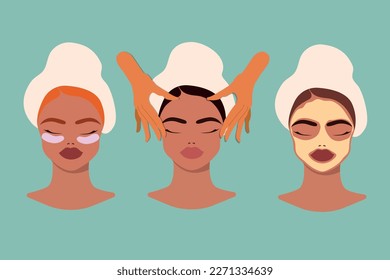 Tres mujeres en procedimientos de spa: masaje facial, máscara facial. Salón de belleza, afiche del centro de bienestar, pancarta. Concepto de belleza dibujado a mano. Ilustración del vector