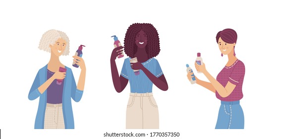 Three woman holding cosmetics in their hands. Smiling female characters choosing between two skincare products.  Elder woman, young, and Afro-American. Comparing shampoo, cream, or lotion flat concept