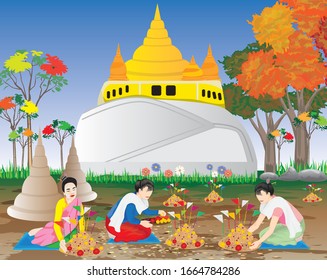 Three woman make beautiful sand pagoda in temple,Merit making traditions vector design