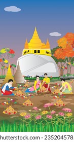 Three woman make beautiful sand pagoda in temple,Merit making traditions vector design
