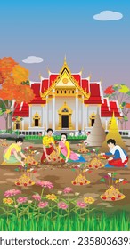 Three woman make beautiful sand pagoda in temple,Merit making traditions vector design