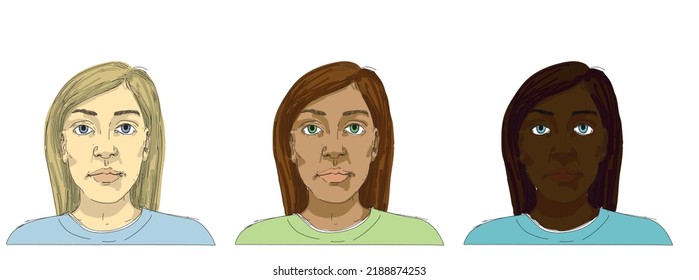 three woman portrait with different skin color face symbol isolated on white background