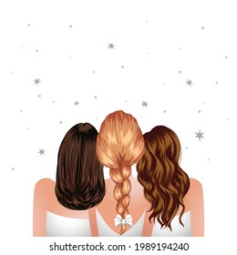 Three Woman Standing Together. Girl Best Friends Back View. Bridesmaids Clip Art. 