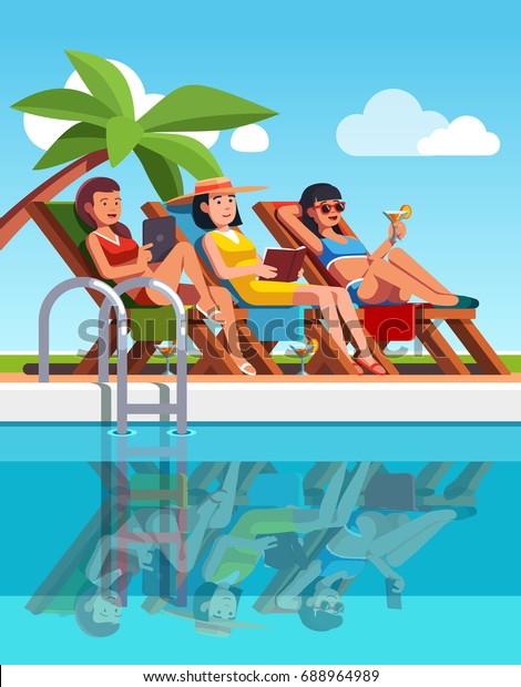 水着を着た3人の女性がプールの近くのラウンジャーに横たわっている ヤシの木の下のプールサイド で日焼けする美しい女の子 夏の熱帯ホリデーや温泉宿のバケーション 平らなベクターイラスト のベクター画像素材 ロイヤリティフリー