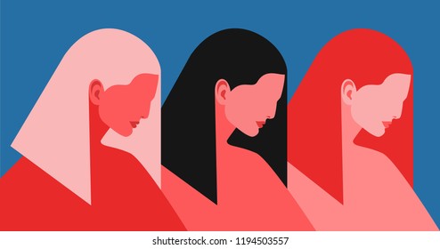 Three women. Abstract female portraits, side view - blonde, brunette and redhead. Vector illustration