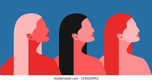 Three women. Abstract female portraits, side view - blonde, brunette and redhead. Vector illustration