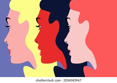 Three women. Abstract female portraits, side view. Vector illustration