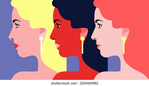 Three women. Abstract female portraits, side view. Vector illustration