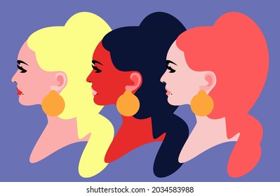 Three women. Abstract female portraits, side view. Vector illustration