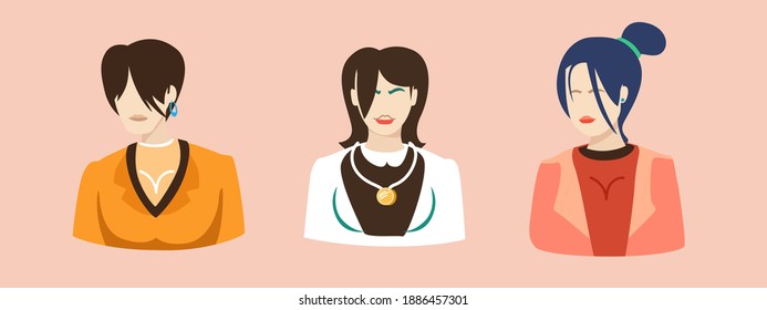 three women in abstract style, flat vector illustration. All women in different clothes. Creative banner for for social networks and other projects.