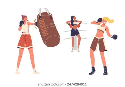 Three Women Actively Training In A Boxing Gym, Punching Bag, Sparring, And Resting. Characters Wear Athletic Clothing