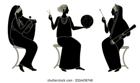 Three women in the ancient Greek style. Goddesses Nymphs. Muses of lyric and song, history and astronomy.