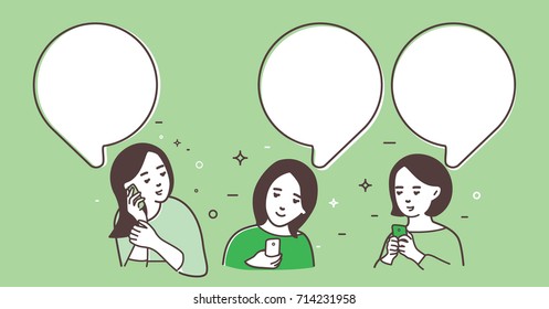 Three women are being exchanged messages, women talk, chat.