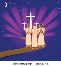 Three women character greeting and smiling at camera while wearing nun uniform with three crosses and glowing purple night background