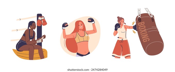 Three Women Characters Engaging In Various Boxing Activities, Including Resting, Celebrating, And Hitting A Punching Bag