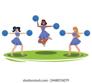 three women cheerleaders with pompoms, vector illustration on white background