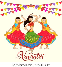  Three women in colorful traditional attire dancing Garba or Dandiya for Navratri with festive flags above them and the word Navratri elegantly written below