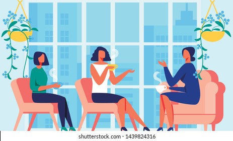 Three Women Communicate on Background Panoramic Window. Psychology Training for Women. Vector Illustration. Blue Interior. Communication Coach and Client. Women Sitting on Red Chair. Lead Discussion.