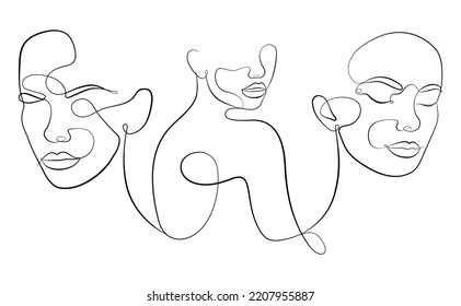 Three women contemporary line drawing. Portrait in a modern abstract graphic style. Three faces in one line.