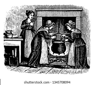 Three Women Cooking Together At Fireplace, Vintage Line Drawing Or Engraving Illustration