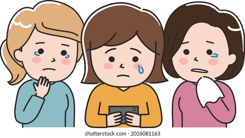 Three women crying while looking at mobile phone. Vector illustration isolated on white background.
