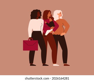 Three women of different ethnicities stand together. Black Businesswoman, Mother with child, Pregnant female support each other. Cooperation and partnership concept. Vector illustration