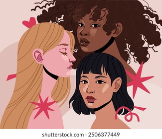 Three women of different ethnicity together. African, Asian and Caucasian girls stand side by side. The concept of sisterhood, femininity, diversity, independence and equality. Vector illustration